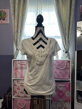 Talbots White Crochet Detail V-Neck Top S